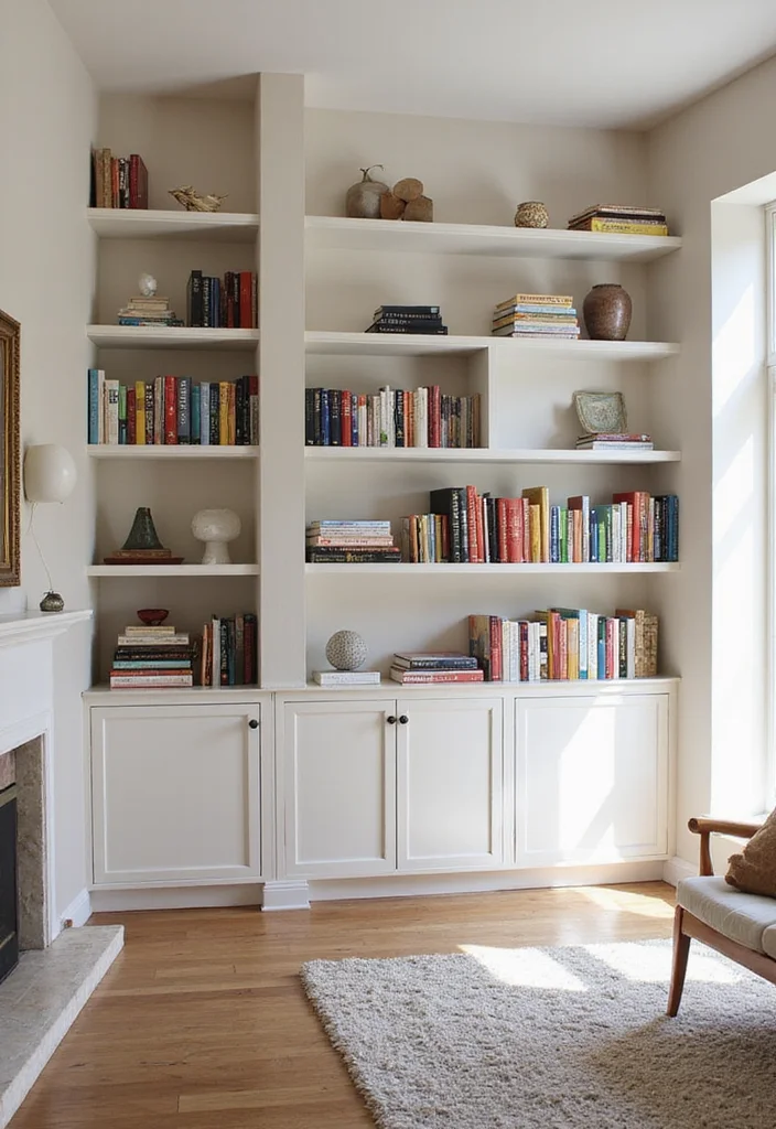 12 Living Room Library Ideas for Warm Cozy Intelligent Style 23 12 Living Room Library Ideas for Warm Cozy Intelligent Style - 3. Stylish Floating Shelves