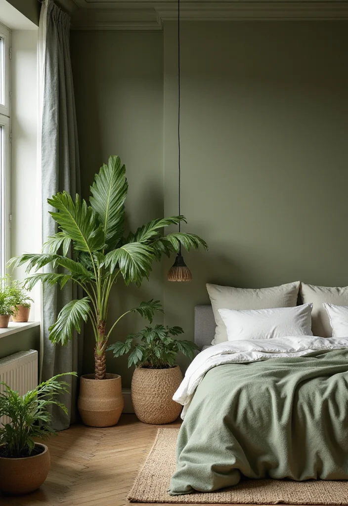 12 Olive Green Bedroom Ideas for Earthy Relaxed Modern Style 34 12 Olive Green Bedroom Ideas for Earthy Relaxed Modern Style - 4. Greenery and Plant Accents