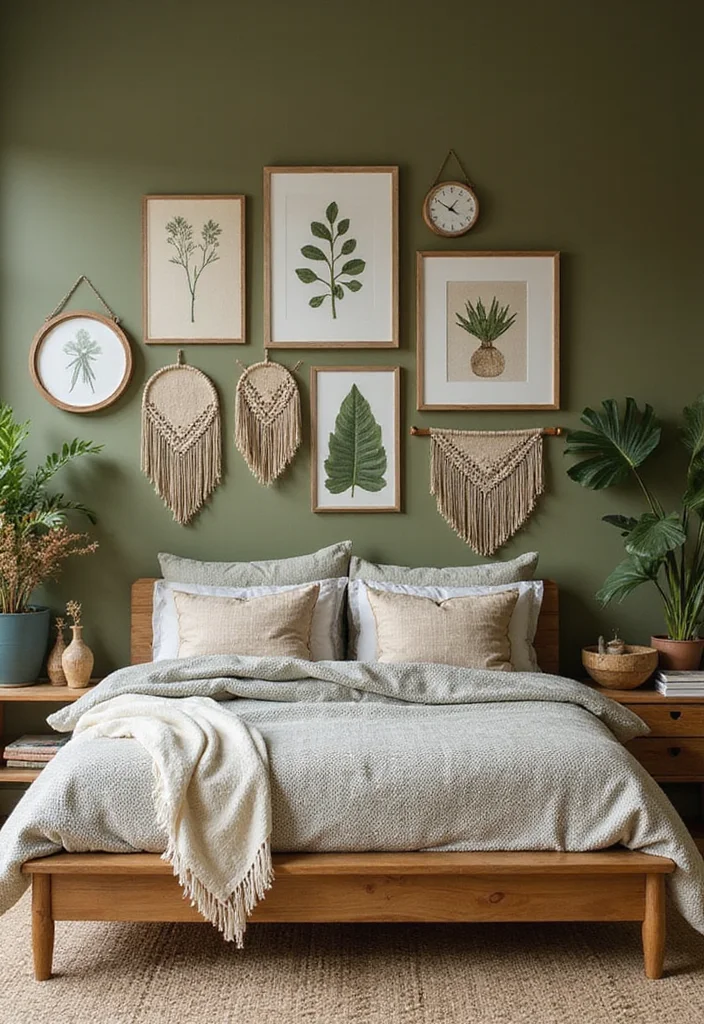 12 Olive Green Bedroom Ideas for Earthy Relaxed Modern Style 56 12 Olive Green Bedroom Ideas for Earthy Relaxed Modern Style - 6. Art and Wall Hangings