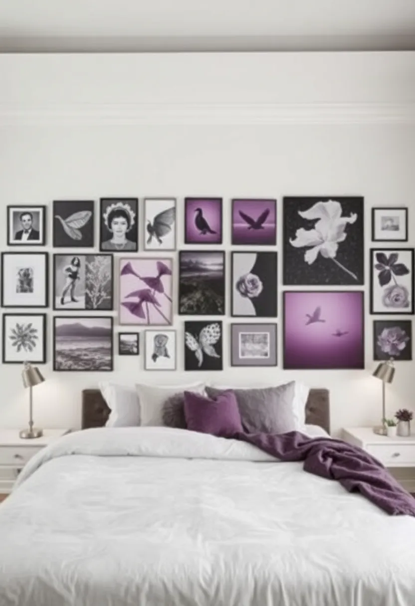 12 Purple and Gray Bedroom Ideas for Soft Elegant Moody Contrast 111 12 Purple and Gray Bedroom Ideas for Soft Elegant Moody Contrast - 11. Mixed Media Gallery Wall