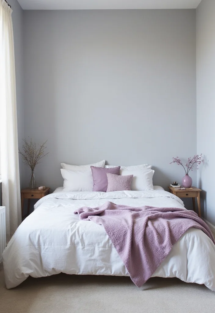 12 Purple and Gray Bedroom Ideas for Soft Elegant Moody Contrast 23 12 Purple and Gray Bedroom Ideas for Soft Elegant Moody Contrast - 3. Minimalist Gray Base with Purple Pops