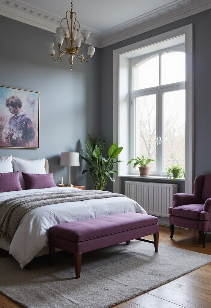 12 Purple and Gray Bedroom Ideas for Soft Elegant Moody Contrast 67 12 Purple and Gray Bedroom Ideas for Soft Elegant Moody Contrast - 7. Bright Gray Meets Deep Purple
