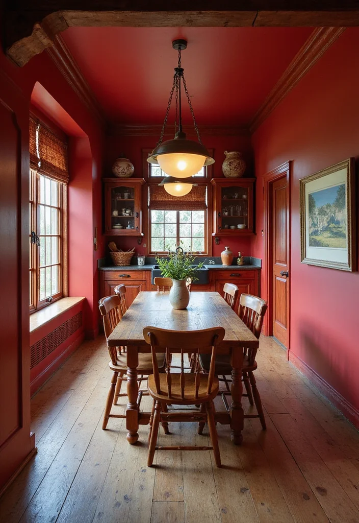 12 Red Kitchen Ideas for Warm Bold Energetic Style 111 12 Red Kitchen Ideas for Warm Bold Energetic Style - 11. Rustic Red Dining Area