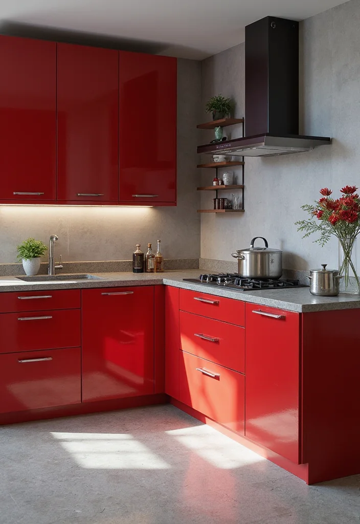 12 Red Kitchen Ideas for Warm Bold Energetic Style 34 12 Red Kitchen Ideas for Warm Bold Energetic Style - 4. Red and Gray Color Scheme