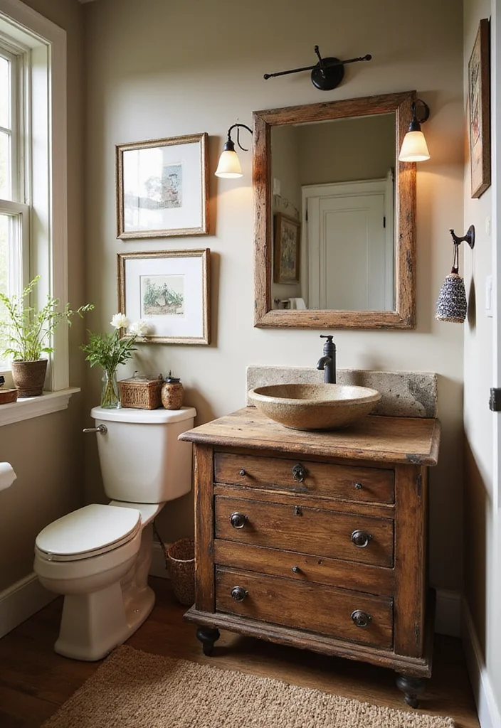 12 Small Rustic Bathroom Ideas for Warm Cozy Country Charm 78 12 Small Rustic Bathroom Ideas for Warm Cozy Country Charm - 8. Repurposed Furniture for Character