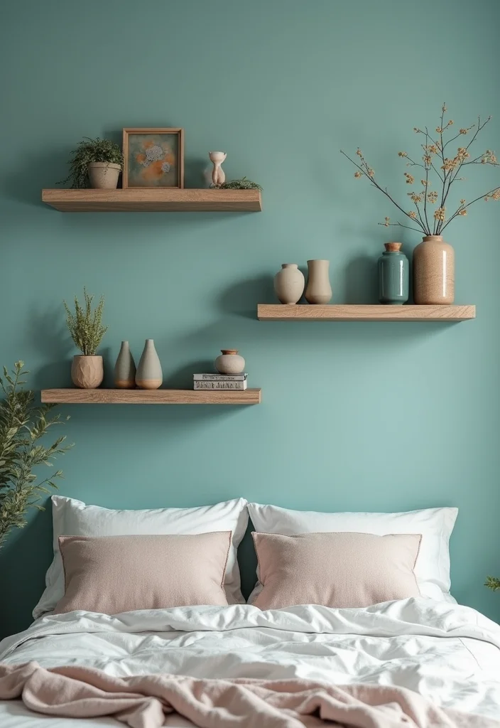 12 Teal Bedroom Ideas for Rich Calm Modern Color 111 12 Teal Bedroom Ideas for Rich Calm Modern Color - 11. Teal Wall Art Shelves