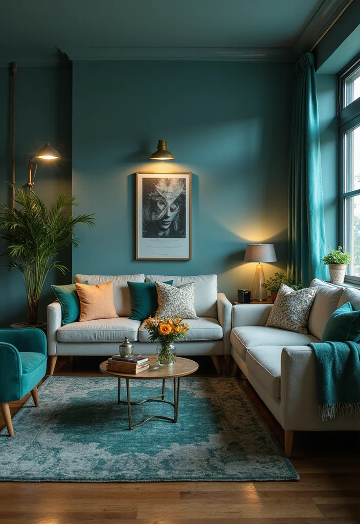 12 Teal Living Room Ideas for Calm Rich Beautiful Color 111 12 Teal Living Room Ideas for Calm Rich Beautiful Color - 11. Teal Lighting for Ambiance