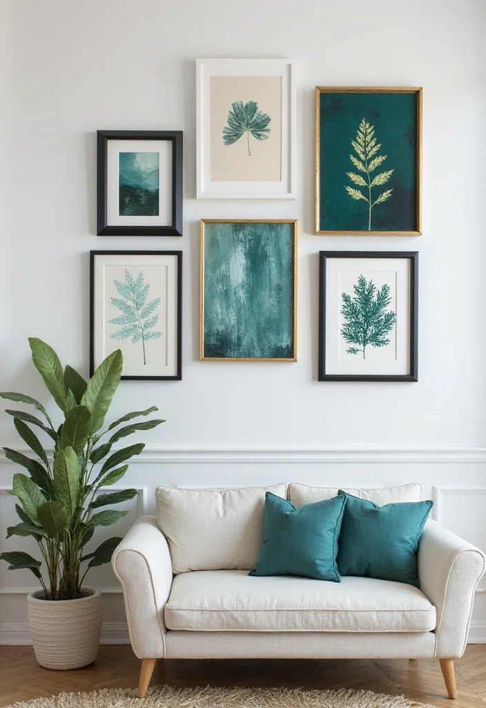 12 Teal Living Room Ideas for Calm Rich Beautiful Color 67 12 Teal Living Room Ideas for Calm Rich Beautiful Color - 7. Gallery Wall with Teal Touches