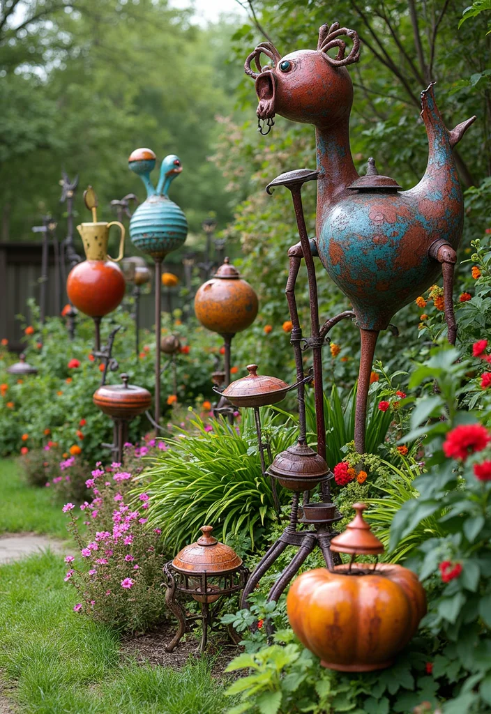 14 Farmhouse Backyard Ideas for Warm Rustic Charming Spaces 78 14 Farmhouse Backyard Ideas for Warm Rustic Charming Spaces - 8. Whimsical Garden Art