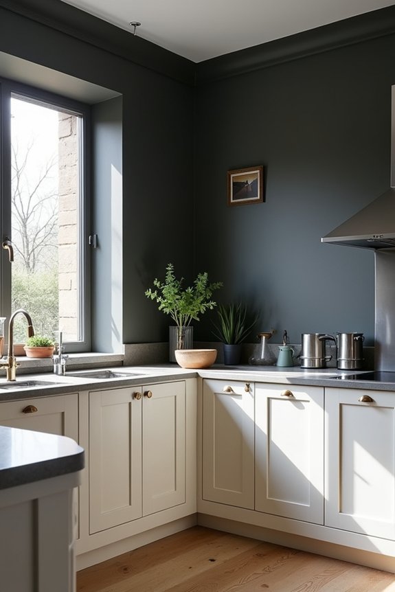 charcoal walls light cabinets contrast