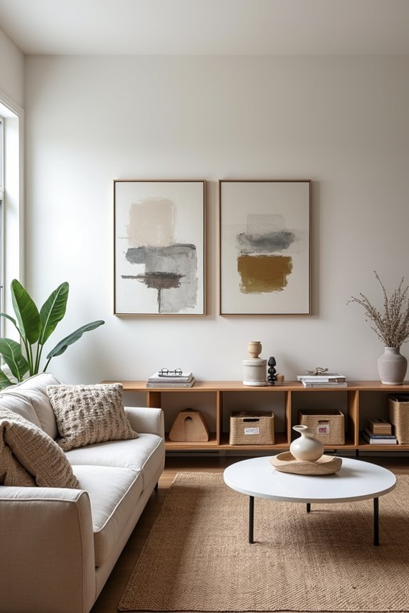 hidden storage trays and artful decor