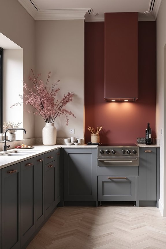 muted red walls grey cabinets unity