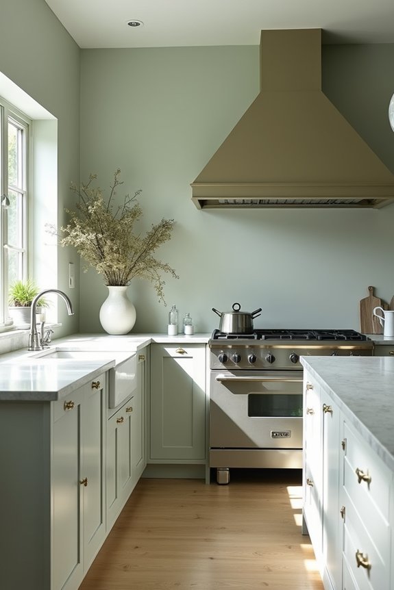sage green balances grey cabinets