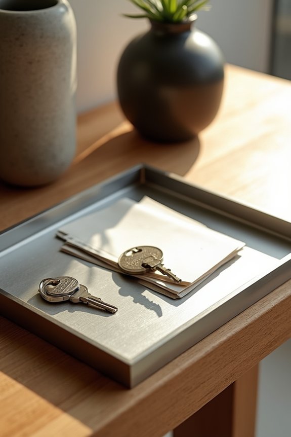 5 Things to Put on Your Entryway Table 3 shallow metallic tray keeps essentials organized