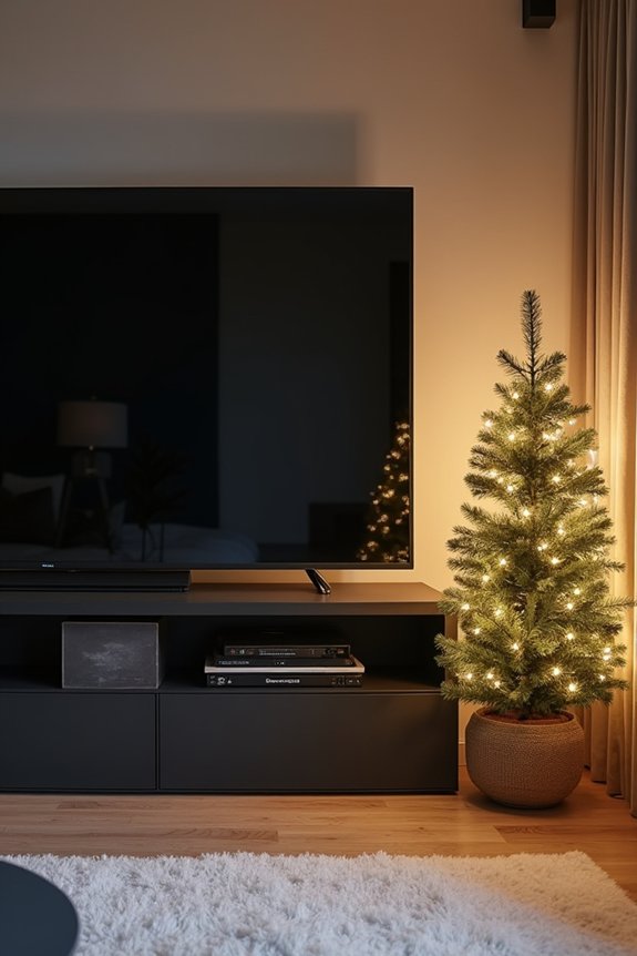 10 Smart Spots to Put a Christmas Tree in a Small Living Room 8 six foot slim tree on media console