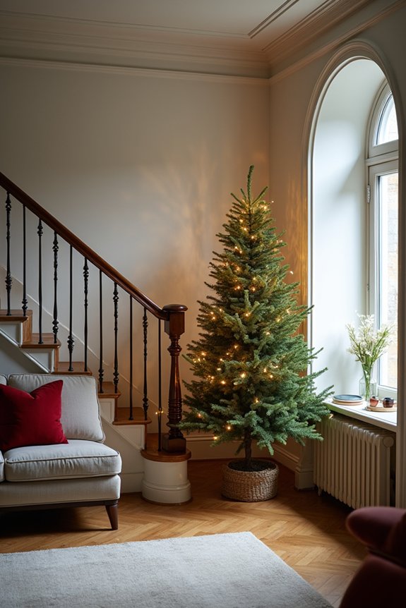 10 Smart Spots to Put a Christmas Tree in a Small Living Room 5 staircase tree tall and anchored